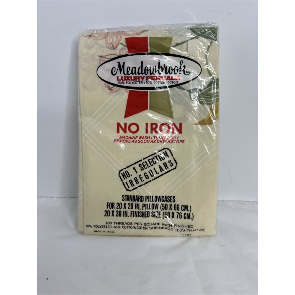 Meadowbrook Pillowcases No Iron 20x30" Sealed NOS Vintage Yellow Floral USA Made